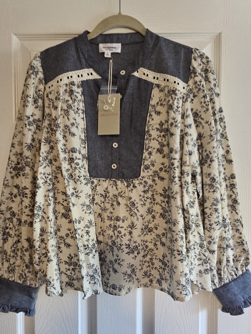 eesome Cream Floral Blouse with Navy Yoke and Cuffs